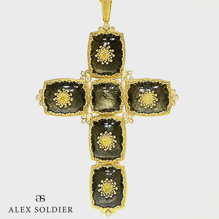 Alex Soldier Gold Grand Cross Pendant Necklace with Obsidian