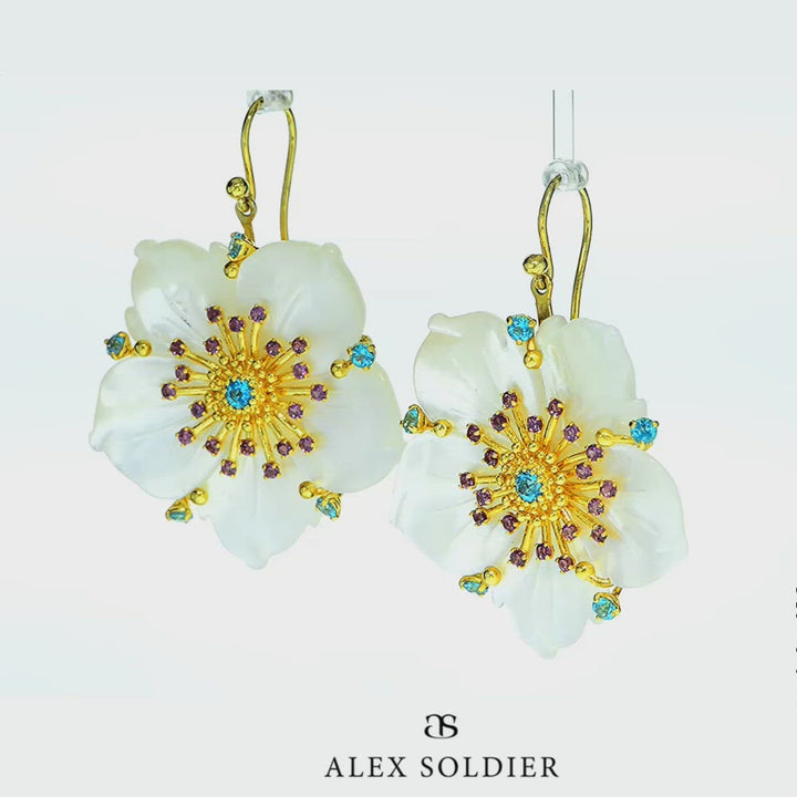 Alex Soldier Gold Blossom Convertible Double Drop Earrings with Carved Mother Of Pearl