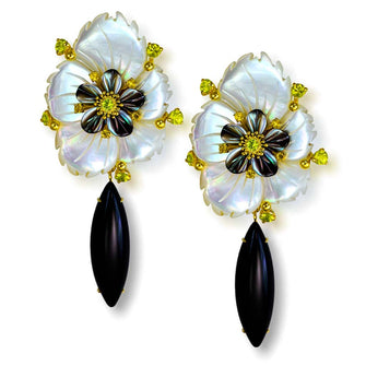 Alex Soldier Gold Blossom Convertible Earrings with Carved Mother Of Pearl & Onyx