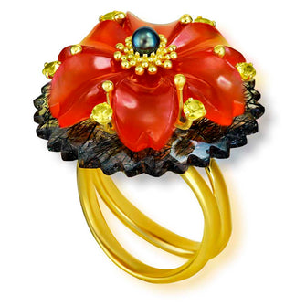 Alex Soldier Gold Blossom Ring with Carnelian & Rutilated Quartz