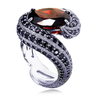 Blackened Gold Twist Ring With Garnet And Black Spinel