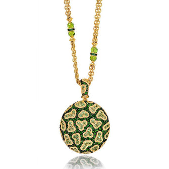 CHROME DIOPSIDE, PERIDOT, AND DIAMOND FINE LACE PENDANT IN YELLOW GOLD