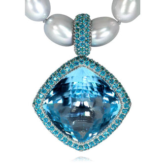 BLUE AND PARAIBA TOPAZ WITH PEARLS ROYAL NECKLACE AND PENDANT IN WHITE GOLD