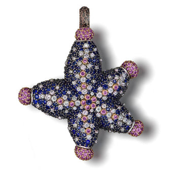 DIAMOND, BLUE AND PINK SAPPHIRE STARFISH PENDANT NECKLACE IN ROSE AND WHITE GOLD