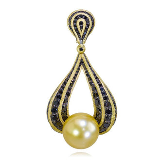 YELLOW GOLD TWIST PENDANT WITH GOLDEN SOUTH SEA PEARL AND BLACK DIAMONDS