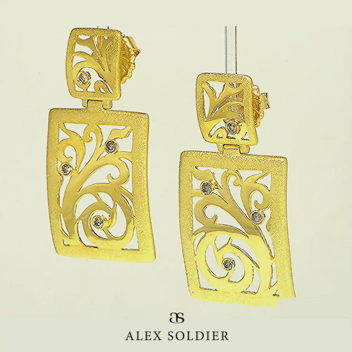 Alex Soldier Gold Ornament Contrast Texture Drop Earrings & Diamonds