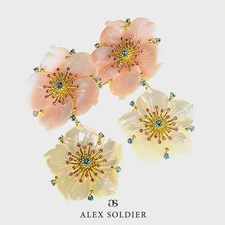 Alex Soldier Gold Blossom Convertible Double Drop Earrings with Carved Mother Of Pearl