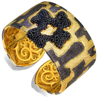 Spinel Sterling Silver Gold Crossroad Pattern Cuff Bracelet