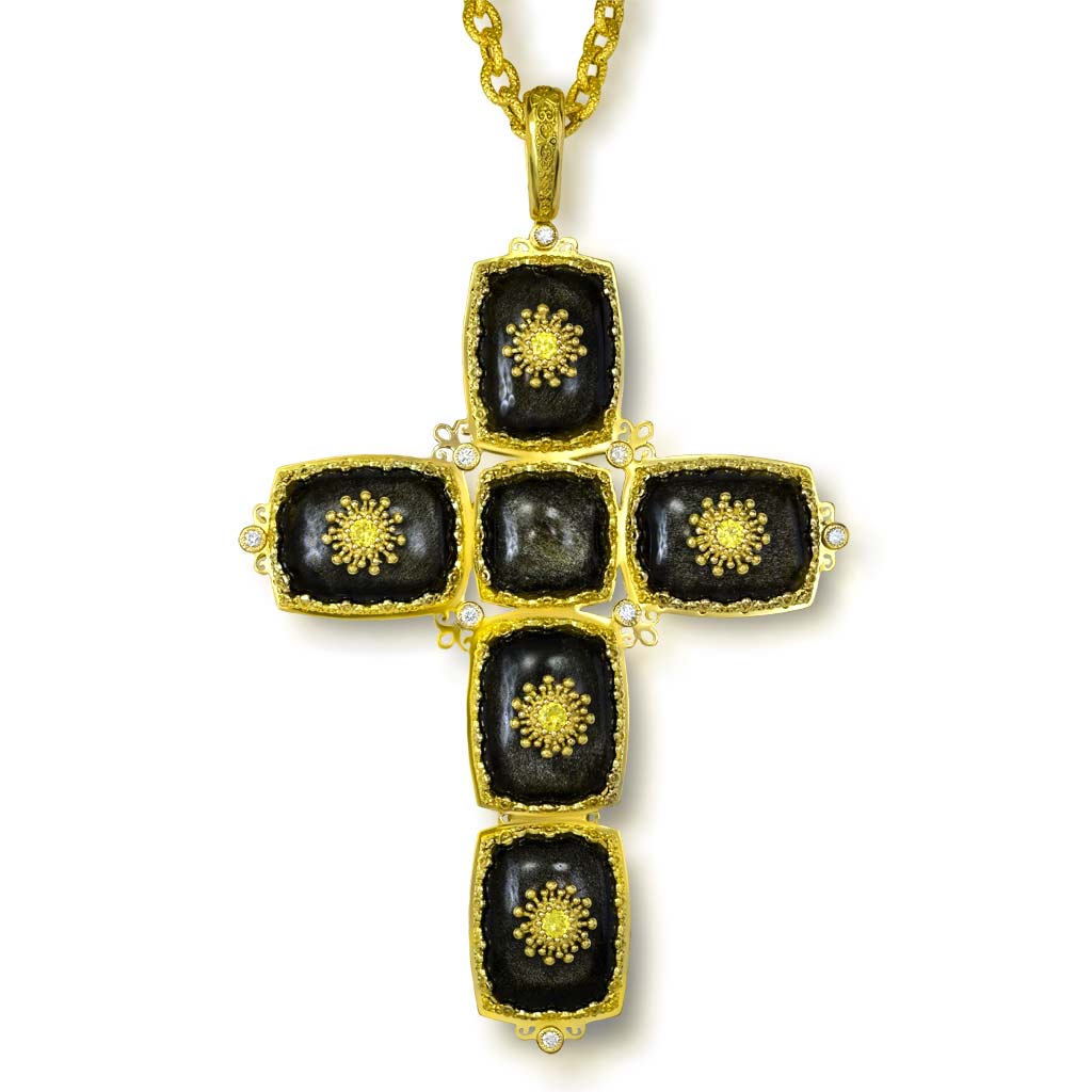 Gold Grand Cross Pendant Necklace with Obsidian&nbs