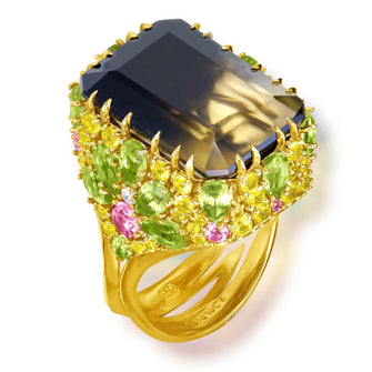 Gold Blossom Ring with Quartz, Peridot & Sapphire