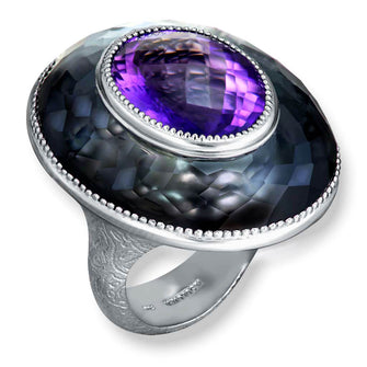 Silver Galactica Ring with Amethyst, Hematite & Quartz