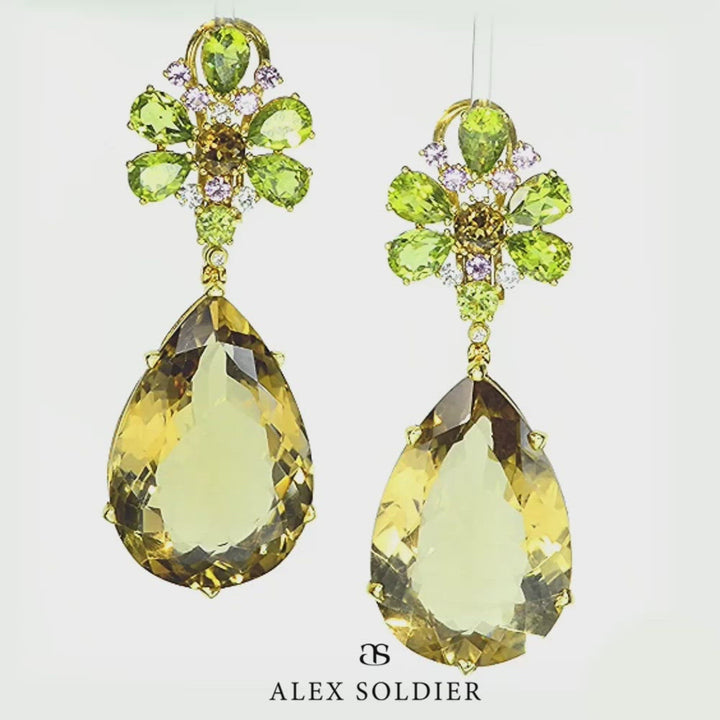 CHAMPAGNE QUARTZ, PERIDOT, PINK SAPPHIRE AND DIAMOND BLOSSOM DROP EARRINGS IN YELLOW GOLD
