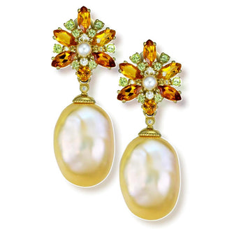 Gold Blossom Drop Earrings with Pearls