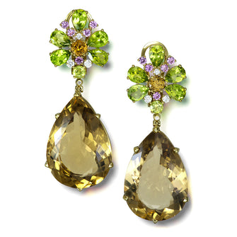 CHAMPAGNE QUARTZ, PERIDOT, PINK SAPPHIRE  AND DIAMOND BLOSSOM DROP EARRINGS IN YELLOW GOLD