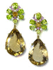 CHAMPAGNE QUARTZ, PERIDOT, PINK SAPPHIRE  AND DIAMOND BLOSSOM DROP EARRINGS IN YELLOW GOLD