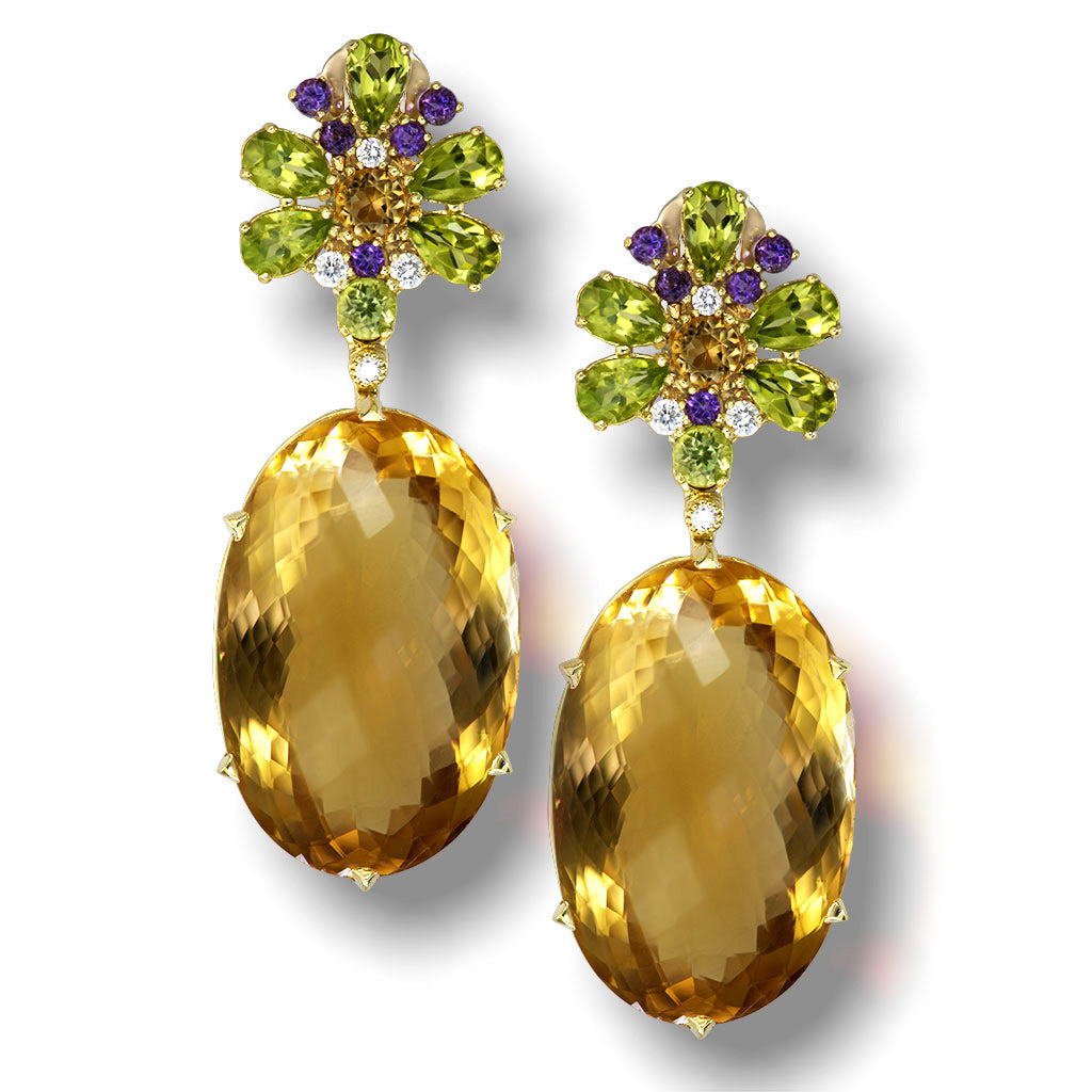 Gold Blossom Drop Earrings with Citrine & Perid...
