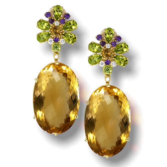 CITRINE, PERIDOT, AMETHYST AND DIAMOND BLOSSOM DROP EARRINGS IN YELLOW GOLD