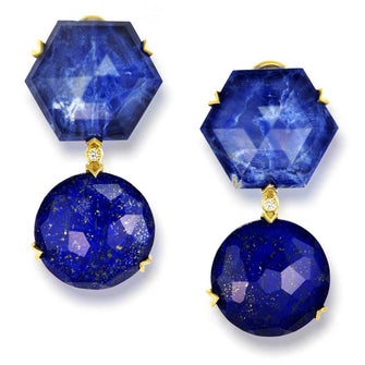 Lapis Lazuli Quartz Diamond Gold Denim Drop Earrings