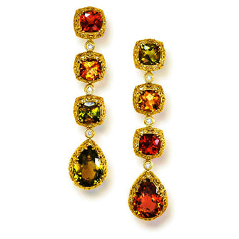Tourmaline Diamond Gold Byzantine Long Drop Earrings