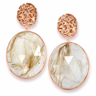 Rose Gold Moneta Drop Earrings with Rutilated Quartz