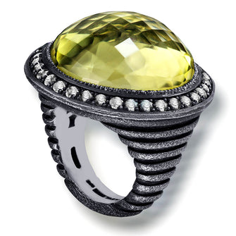 Lemon Quartz Diamond Oxidized Sterling Silver Symbolica Ring