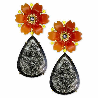 Gold Blossom Convertible Pear Earrings with Carved Carnelian