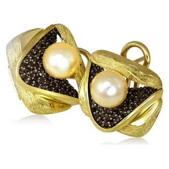 Yellow Pearl Black Diamonds Gold Triple Earrings