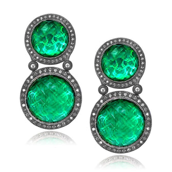 GREEN AGATE, WHITE QUARTZ DOUBLET WITH WHITE TOPAZ SYMBOLICA EARRINGS IN OXIDIZED SILVER
