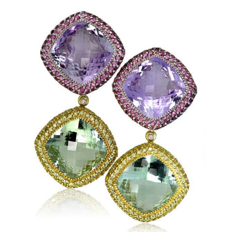 ROSE DE FRANCE, GREEN AMETHYST, AND RHODOLITE GARNETS ROYAL DROP EARRINGS IN WHITE AND YELLOW GOLD