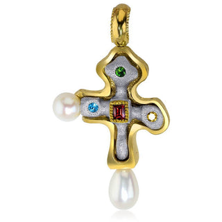 Silver Golden Byzantine Cross Pendant with Gemstones