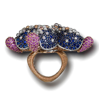 DIAMOND, BLUE AND PINK SAPPHIRE STARFISH RING IN ROSE AND WHITE GOLD