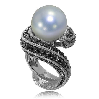 WHITE GOLD TWIST RING WITH FRESHWATER PEARL AND BLACK DIAMONDS
