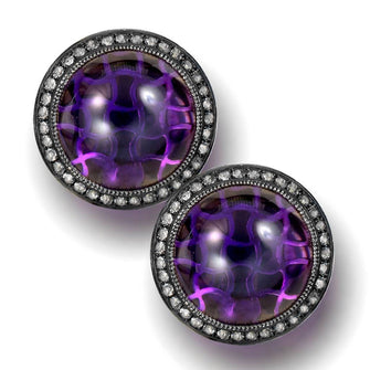 JAPANESE AMETHYST AND WHITE TOPAZ SYMBOLICA CLIP-ON EARRINGS IN OXIDIZED SILVER
