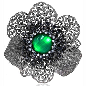 GREEN AGATE, WHITE QUARTZ DOUBLET WITH BLACK SPINEL AND WHITE TOPAZ CORONARIA BROOCH PENDANT IN BLACKENED SILVER