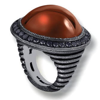 CARNELIAN AND BLACK SPINEL SYMBOLICA RING IN OXIDIZED SILVER