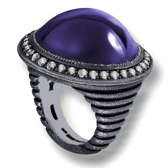 JAPANESE AMETHYST AND WHITE TOPAZ SYMBOLICA RING IN OXIDIZED SILVER