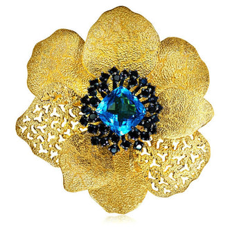 BLUE TOPAZ AND BLACK SPINEL CORONARIA BROOCH PENDANT IN SILVER AND GOLD
