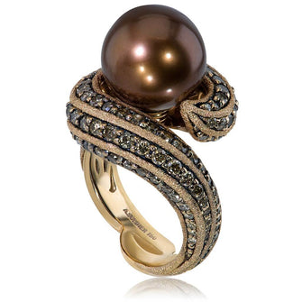 ROSE GOLD TWIST RING WITH CHOCOLATE SOUTH SEA PEARL AND COGNAC DIAMONDS