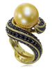 YELLOW GOLD TWIST RING WITH GOLDEN SOUTH SEA PEARL AND BLACK DIAMONDS