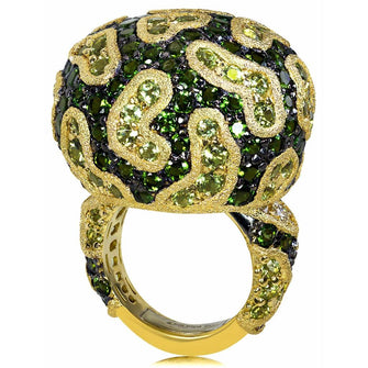 CHROME DIOPSIDE, PERIDOT, AND DIAMOND FINE LACE RING IN YELLOW GOLD