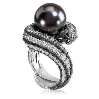 WHITE GOLD TWIST RING WITH TAHITIAN PEARL, DIAMONDS AND CONTRAST TEXTURE