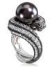 WHITE GOLD TWIST RING WITH TAHITIAN PEARL, DIAMONDS AND CONTRAST TEXTURE