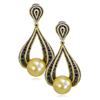 YELLOW GOLD TWIST EARRINGS WITH GOLDEN SOUTH SEA PEARL AND BLACK DIAMONDS