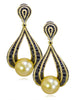 YELLOW GOLD TWIST EARRINGS WITH GOLDEN SOUTH SEA PEARL AND BLACK DIAMONDS