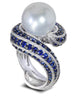 WHITE GOLD TWIST RING WITH FRESHWATER PEARL AND BLUE SAPPHIRES
