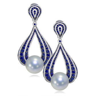 WHITE GOLD TWIST EARRINGS WITH FRESHWATER PEARL AND BLUE SAPPHIRES