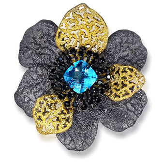 BLUE TOPAZ AND BLACK SPINEL CORONARIA BROOCH PENDANT IN STERLING SILVER, GOLD AND DARK PLATINUM