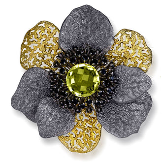 LEMON CITRINE AND BLACK SPINEL CORONARIA BROOCH PENDANT IN STERLING SILVER, GOLD AND DARK PLATINUM